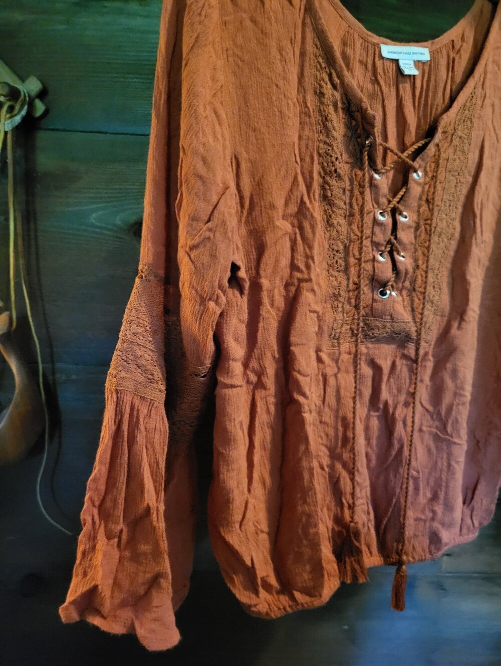 American Eagle Lace Front Bell Sleeve Blouse - Picture 3 of 3